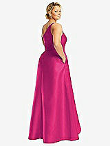 Rear View Thumbnail - Think Pink One-Shoulder Satin Gown with Draped Front Slit and Pockets