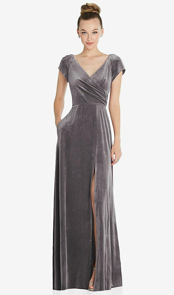 Front View - Caviar Gray Cap Sleeve Faux Wrap Velvet Maxi Dress with Pockets