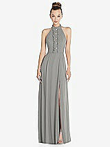 Front View Thumbnail - Chelsea Gray Halter Backless Maxi Dress with Crystal Button Ruffle Placket