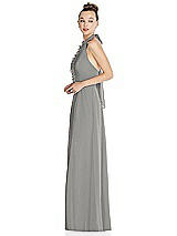 Side View Thumbnail - Chelsea Gray Halter Backless Maxi Dress with Crystal Button Ruffle Placket