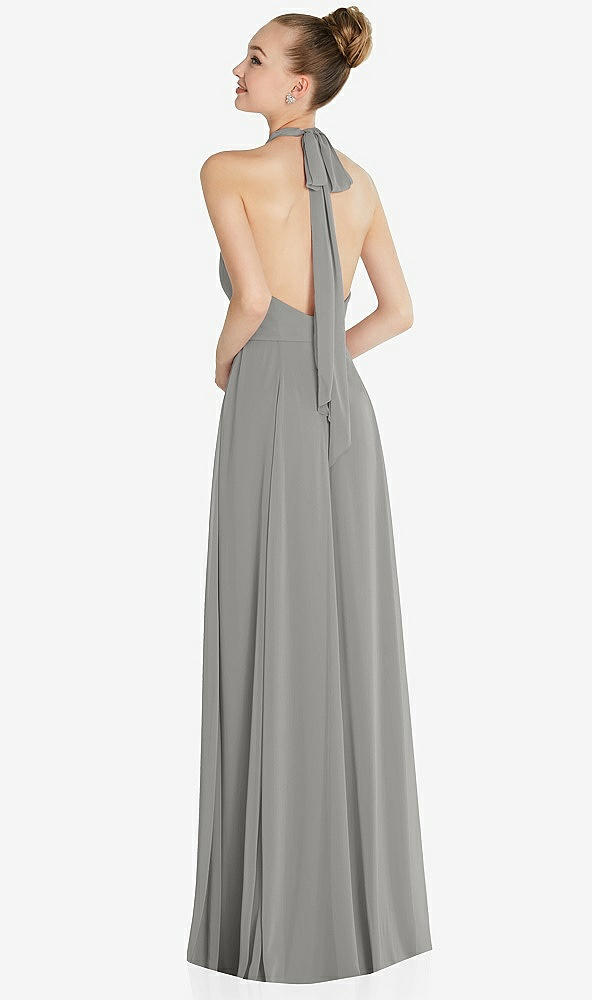 Back View - Chelsea Gray Halter Backless Maxi Dress with Crystal Button Ruffle Placket