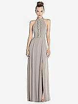 Front View Thumbnail - Taupe Halter Backless Maxi Dress with Crystal Button Ruffle Placket