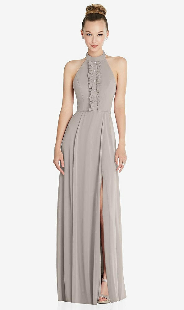 Front View - Taupe Halter Backless Maxi Dress with Crystal Button Ruffle Placket