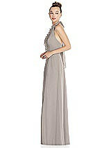 Side View Thumbnail - Taupe Halter Backless Maxi Dress with Crystal Button Ruffle Placket