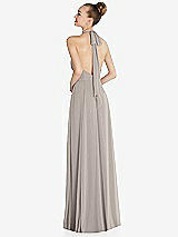 Rear View Thumbnail - Taupe Halter Backless Maxi Dress with Crystal Button Ruffle Placket