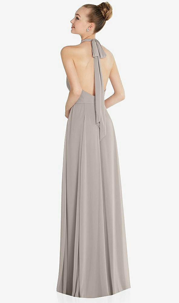 Back View - Taupe Halter Backless Maxi Dress with Crystal Button Ruffle Placket