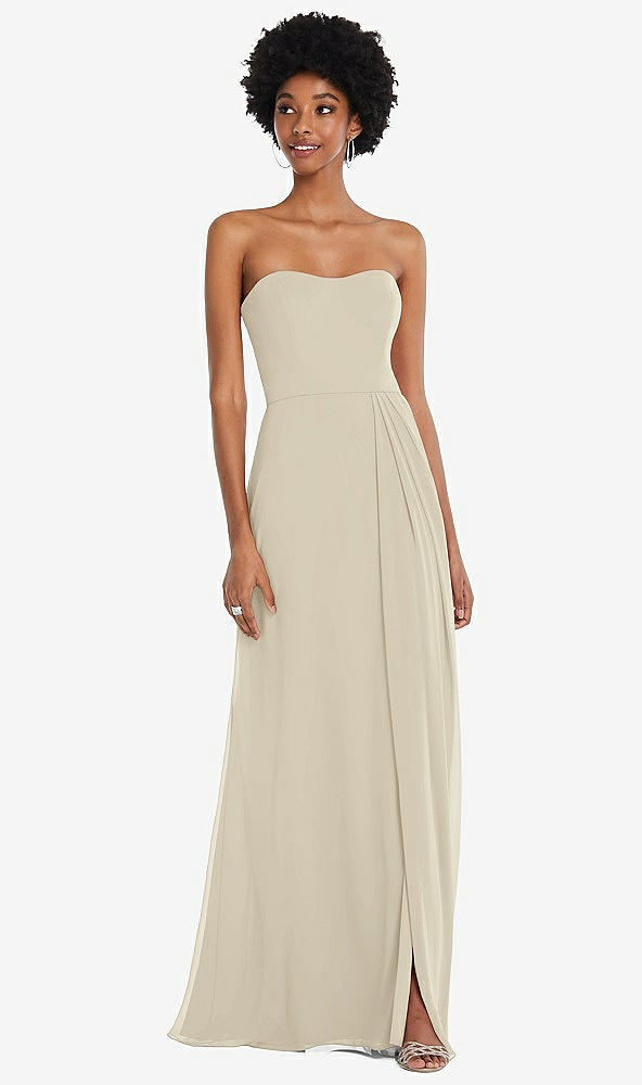 Front View - Champagne Strapless Sweetheart Maxi Dress with Pleated Front Slit 
