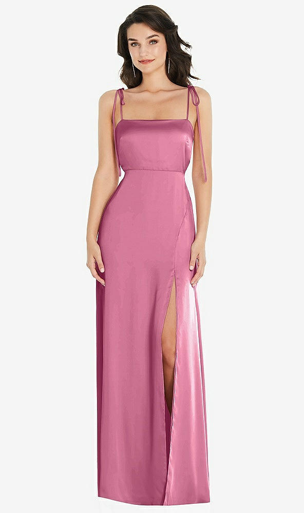 Front View - Orchid Pink Skinny Tie-Shoulder Satin Maxi Dress with Front Slit