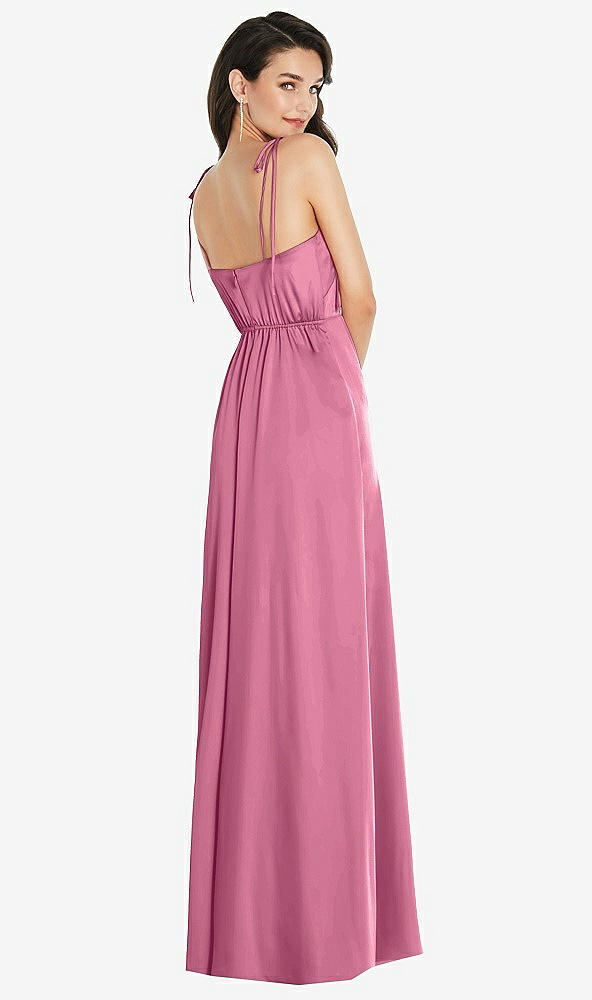 Back View - Orchid Pink Skinny Tie-Shoulder Satin Maxi Dress with Front Slit