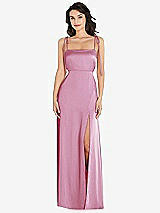 Front View Thumbnail - Powder Pink Skinny Tie-Shoulder Satin Maxi Dress with Front Slit