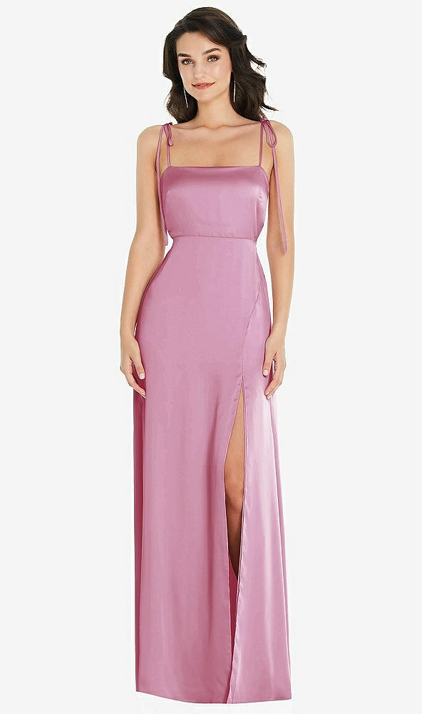 Front View - Powder Pink Skinny Tie-Shoulder Satin Maxi Dress with Front Slit