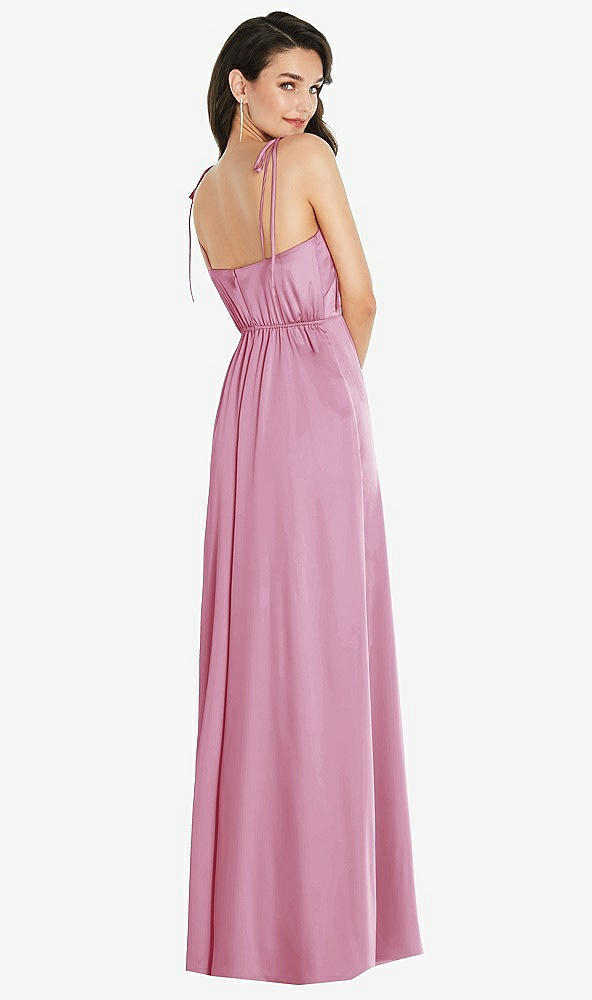 Back View - Powder Pink Skinny Tie-Shoulder Satin Maxi Dress with Front Slit