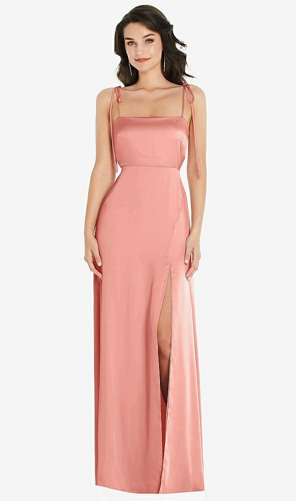 Front View - Rose - PANTONE Rose Quartz Skinny Tie-Shoulder Satin Maxi Dress with Front Slit