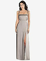 Front View Thumbnail - Taupe Skinny Tie-Shoulder Satin Maxi Dress with Front Slit
