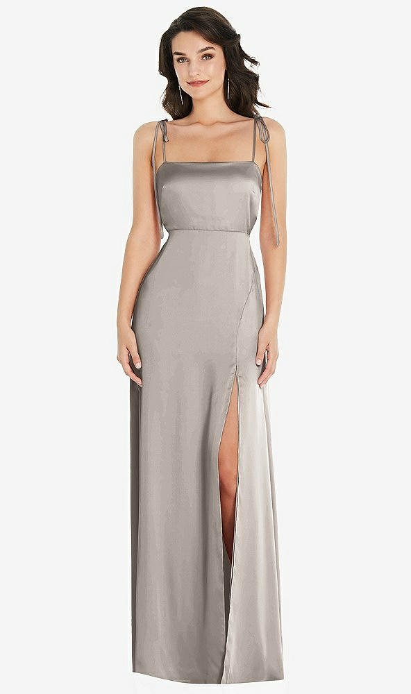 Front View - Taupe Skinny Tie-Shoulder Satin Maxi Dress with Front Slit