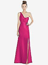 Front View Thumbnail - Think Pink Draped One-Shoulder Satin Trumpet Gown with Front Slit