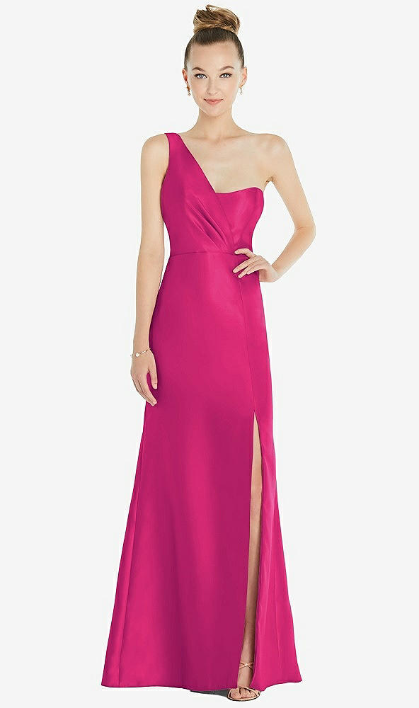 Front View - Think Pink Draped One-Shoulder Satin Trumpet Gown with Front Slit