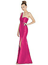 Side View Thumbnail - Think Pink Draped One-Shoulder Satin Trumpet Gown with Front Slit