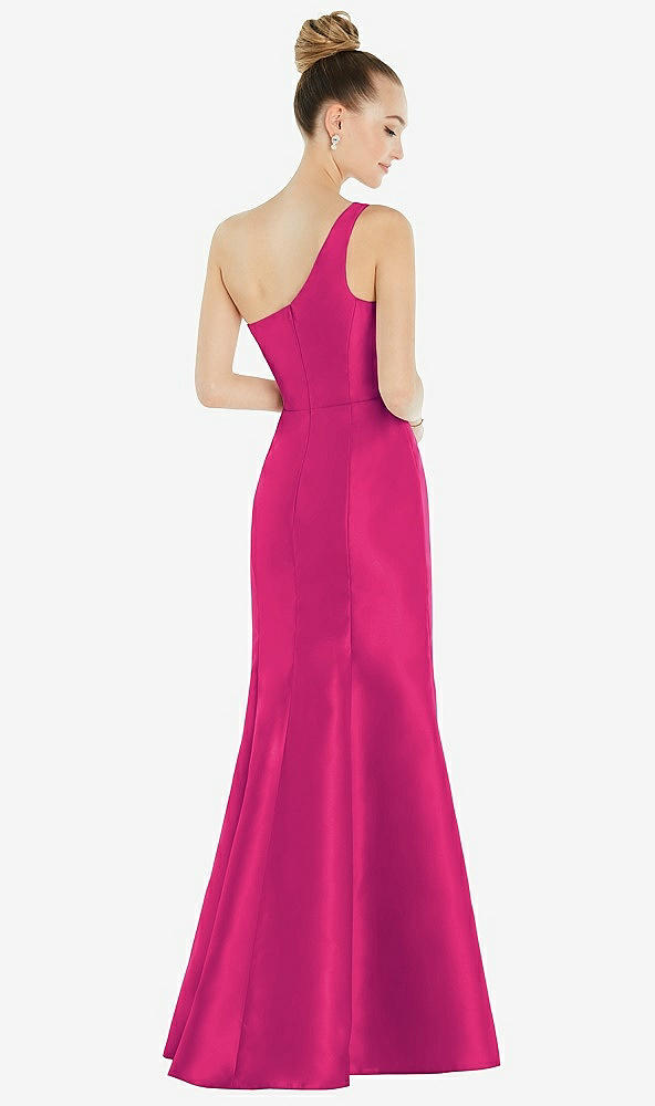 Back View - Think Pink Draped One-Shoulder Satin Trumpet Gown with Front Slit