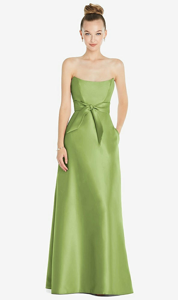 Front View - Mojito Basque-Neck Strapless Satin Gown with Mini Sash