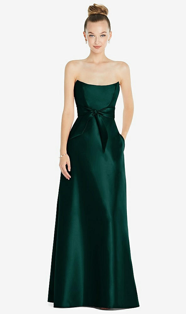 Front View - Evergreen Basque-Neck Strapless Satin Gown with Mini Sash