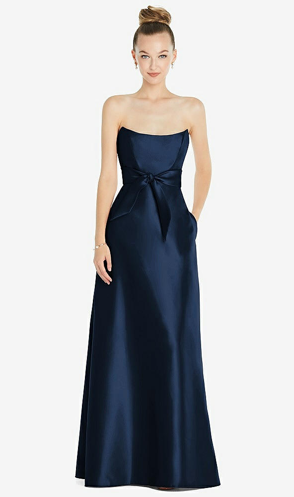 Front View - Midnight Navy Basque-Neck Strapless Satin Gown with Mini Sash