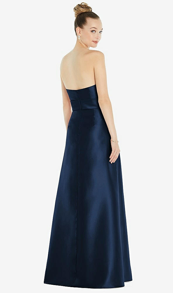 Back View - Midnight Navy Basque-Neck Strapless Satin Gown with Mini Sash