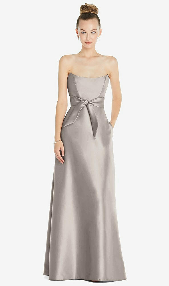 Front View - Taupe Basque-Neck Strapless Satin Gown with Mini Sash