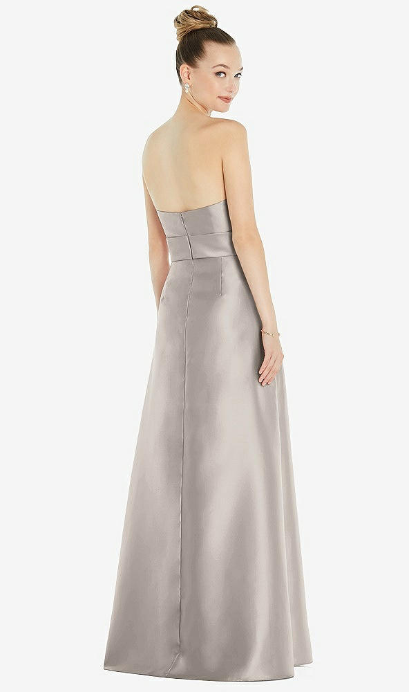 Back View - Taupe Basque-Neck Strapless Satin Gown with Mini Sash