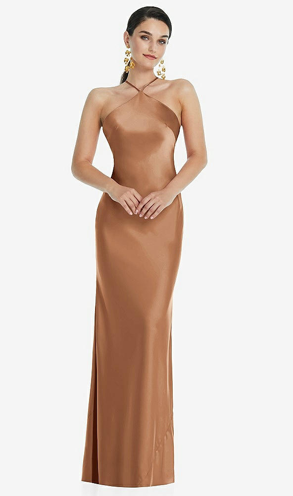Front View - Toffee Diamond Halter Bias Maxi Slip Dress with Convertible Straps