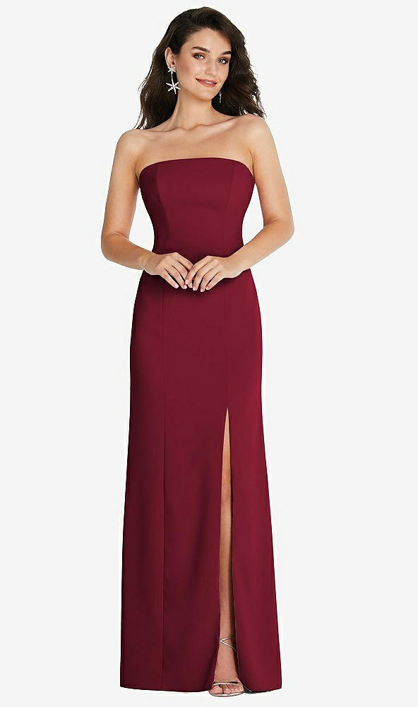 Front View - Burgundy Strapless Scoop Back Maxi Dress with Front Slit