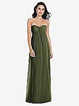 Front View Thumbnail - Olive Green Twist Shirred Strapless Empire Waist Gown with Optional Straps