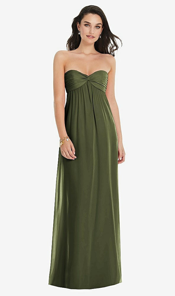Front View - Olive Green Twist Shirred Strapless Empire Waist Gown with Optional Straps
