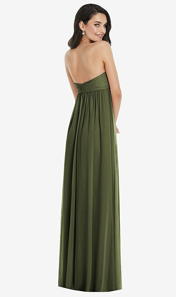 Back View - Olive Green Twist Shirred Strapless Empire Waist Gown with Optional Straps