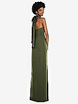 Alt View 1 Thumbnail - Olive Green Draped Satin Grecian Column Gown with Convertible Straps