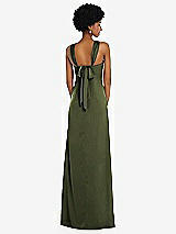 Alt View 3 Thumbnail - Olive Green Draped Satin Grecian Column Gown with Convertible Straps