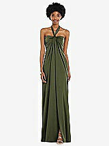 Alt View 4 Thumbnail - Olive Green Draped Satin Grecian Column Gown with Convertible Straps
