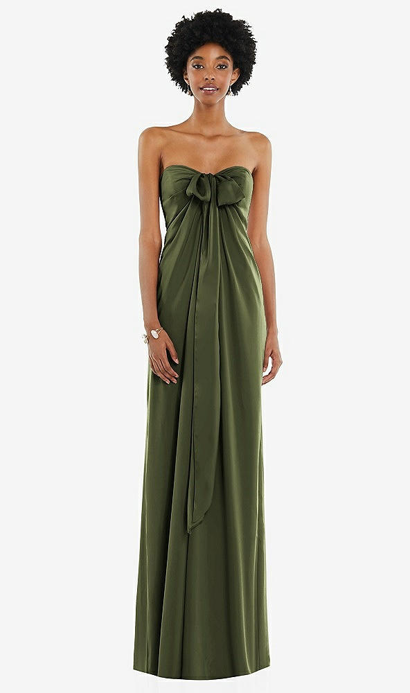 Front View - Olive Green Draped Satin Grecian Column Gown with Convertible Straps
