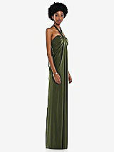 Side View Thumbnail - Olive Green Draped Satin Grecian Column Gown with Convertible Straps