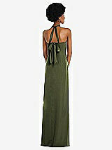 Rear View Thumbnail - Olive Green Draped Satin Grecian Column Gown with Convertible Straps