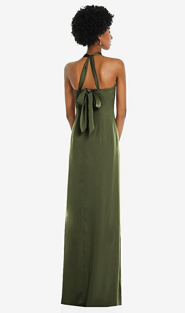 Back View - Olive Green Draped Satin Grecian Column Gown with Convertible Straps