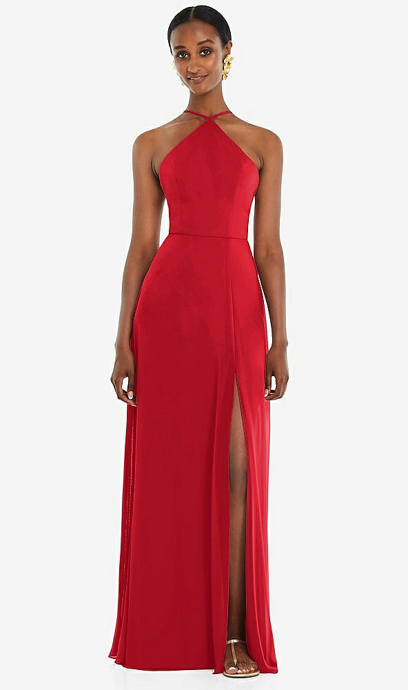 Front View - Parisian Red Diamond Halter Maxi Dress with Adjustable Straps
