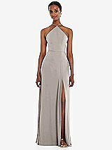 Front View Thumbnail - Taupe Diamond Halter Maxi Dress with Adjustable Straps