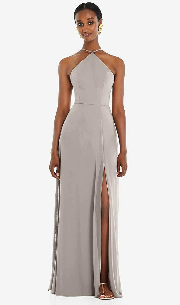 Front View - Taupe Diamond Halter Maxi Dress with Adjustable Straps