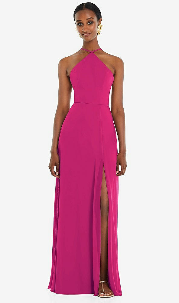 Front View - Think Pink Diamond Halter Maxi Dress with Adjustable Straps