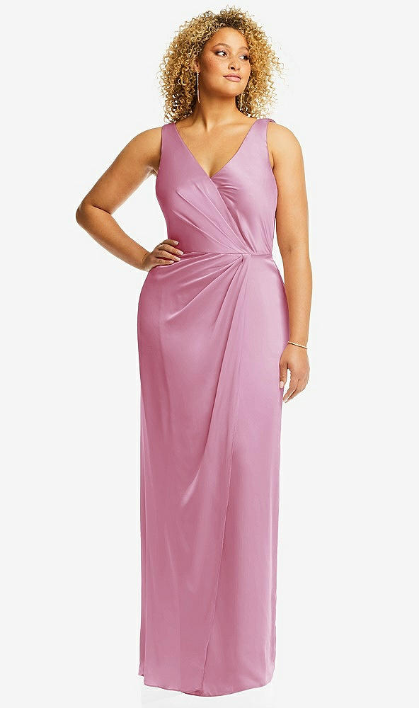 Front View - Powder Pink Faux Wrap Whisper Satin Maxi Dress with Draped Tulip Skirt