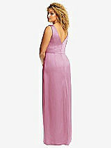 Rear View Thumbnail - Powder Pink Faux Wrap Whisper Satin Maxi Dress with Draped Tulip Skirt
