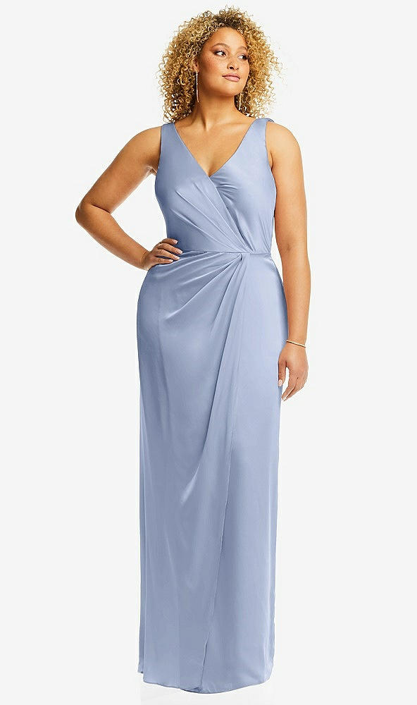 Front View - Sky Blue Faux Wrap Whisper Satin Maxi Dress with Draped Tulip Skirt