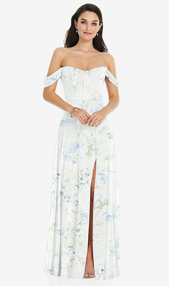 Front View - Bleu Garden Off-the-Shoulder Draped Sleeve Maxi Dress with Front Slit
