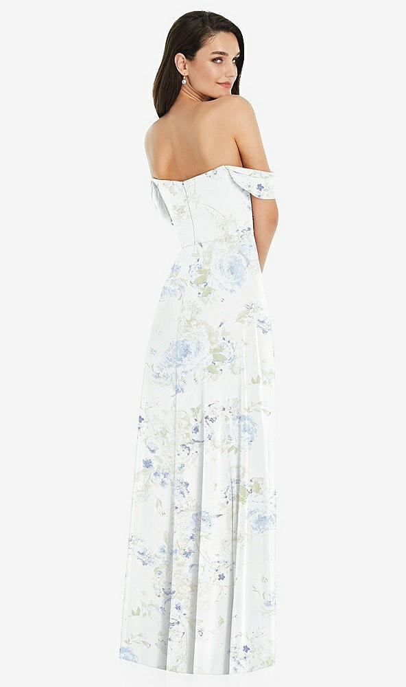 Back View - Bleu Garden Off-the-Shoulder Draped Sleeve Maxi Dress with Front Slit